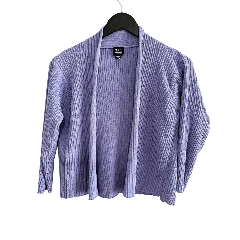 Eileen Fisher Ribbed Open Front Cardigan Size M Lavender Purple Knit
